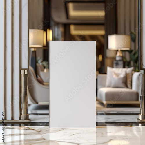 Luxury hotel suite with a tall, thin blank notepad, simple and elegant.