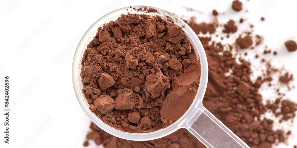A scoop of cocoa powder on a white surface, suitable for food or product photography A scoop of cocoa powder on a white surface, suitable for food or product photography