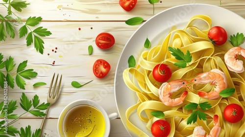 A delicious meal featuring pasta with shrimp and cherry tomatoes photo