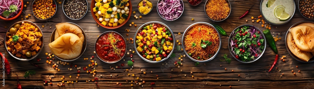Top view of a colorful spread of Indian street food, including pani puri, bhel puri, and sev puri, displayed on a rustic wooden table Top view of a colorful spread of Indian street food, including pani puri, bhel puri, and sev puri, displayed on a rustic wooden table