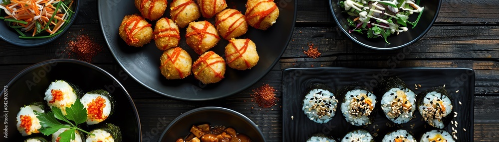 Top view of a cozy izakaya table with a variety of onigiri rice balls filled with different ingredients, displayed with small sides Top view of a cozy izakaya table with a variety of onigiri rice balls filled with different ingredients, displayed with small sides