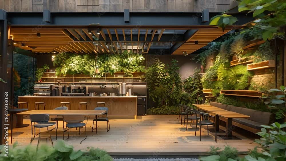 A stylish indoor garden cafe with lush green plants, wooden furnishings, and an open layout A stylish indoor garden cafe with lush green plants, wooden furnishings, and an open layout