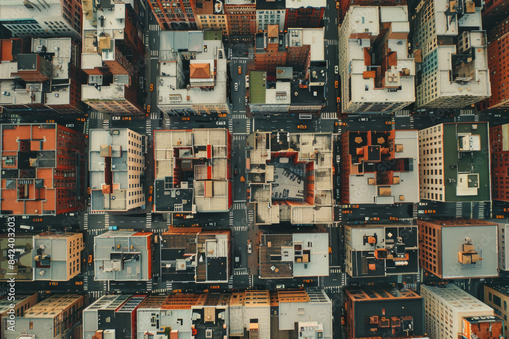 Fototapeta premium Top-down aerial view of urban rooftops, emphasizing the repetitive patterns and varying shapes of the buildings. Use a muted color palette to highlight the simplicity and structure of the cityscape.