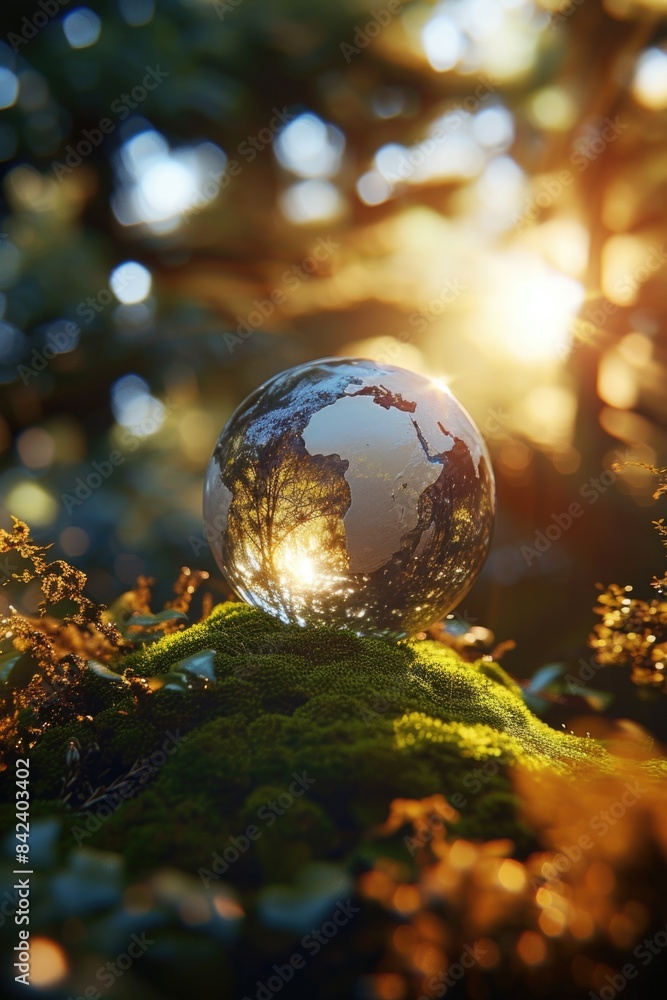 A glass sphere sits atop a lush, green hillside surrounded by moss A glass sphere sits atop a lush, green hillside surrounded by moss