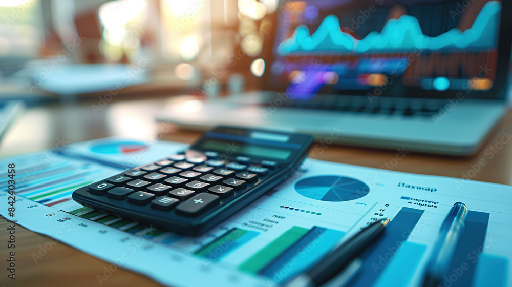 A calculator and financial charts on an office desk, with a laptop in the background, displaying graphs of growth data. A calculator and financial charts on an office desk, with a laptop in the background, displaying graphs of growth data.