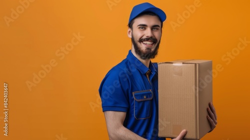 Smiling Delivery Man Holding a Cardboard Box against an Orange Background