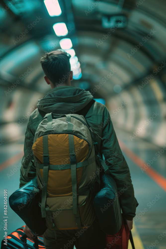 A person walking through a tunnel with a backpack on A person walking through a tunnel with a backpack on