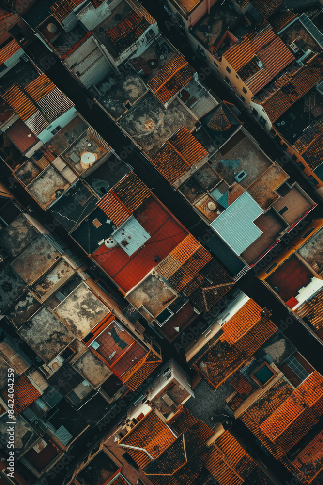 Top-down aerial view of urban rooftops, emphasizing the repetitive patterns and varying shapes of the buildings. Use a muted color palette to highlight the simplicity and structure of the cityscape. Top-down aerial view of urban rooftops, emphasizing the repetitive patterns and varying shapes of the buildings. Use a muted color palette to highlight the simplicity and structure of the cityscape.
