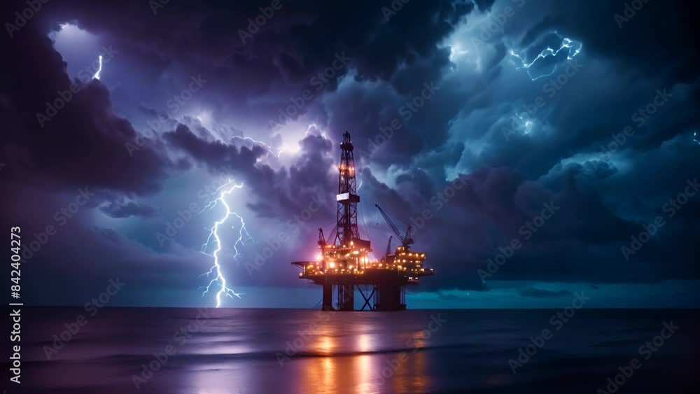 A captivating image of an offshore oil rig under a turbulent sky A captivating image of an offshore oil rig under a turbulent sky