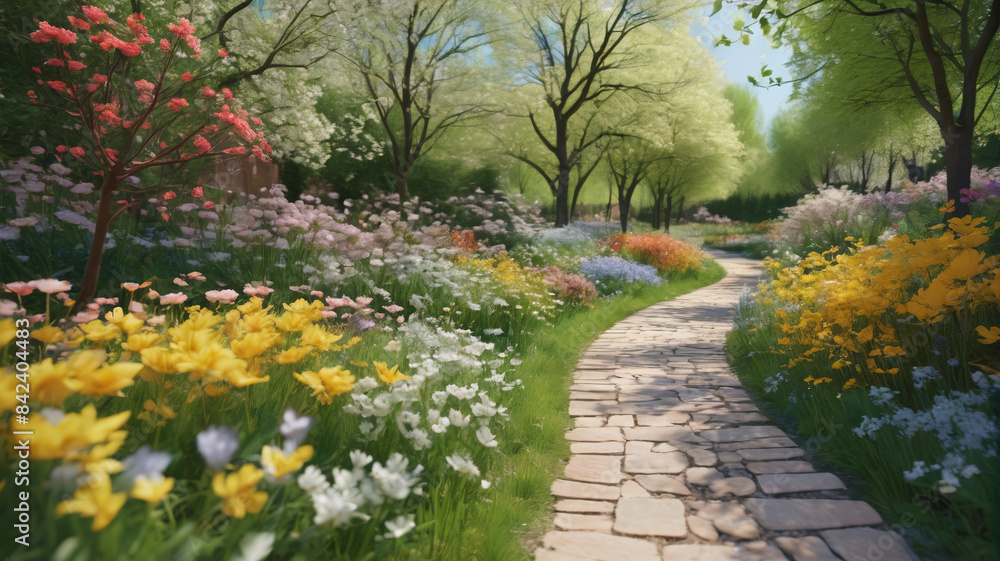 Symphony of the Spring Breeze: Meandering along garden paths where the delicate spring breeze orchestrates a melody of rustling leaves and blooming flowers, Generative AI Symphony of the Spring Breeze: Meandering along garden paths where the delicate spring breeze orchestrates a melody of rustling leaves and blooming flowers, Generative AI