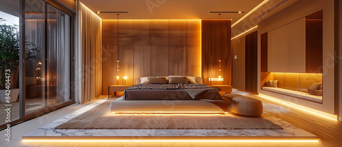 Minimalist bedroom with luxury touches and soft lighting