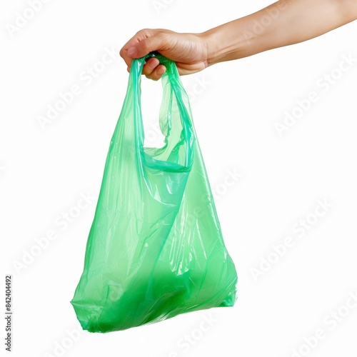 Hand holding plastic bag green 
