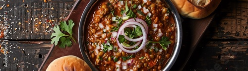 Top view of a plate of misal pav, featuring spicy sprouted lentils served with buns, garnished with chopped onions and cilantro photo