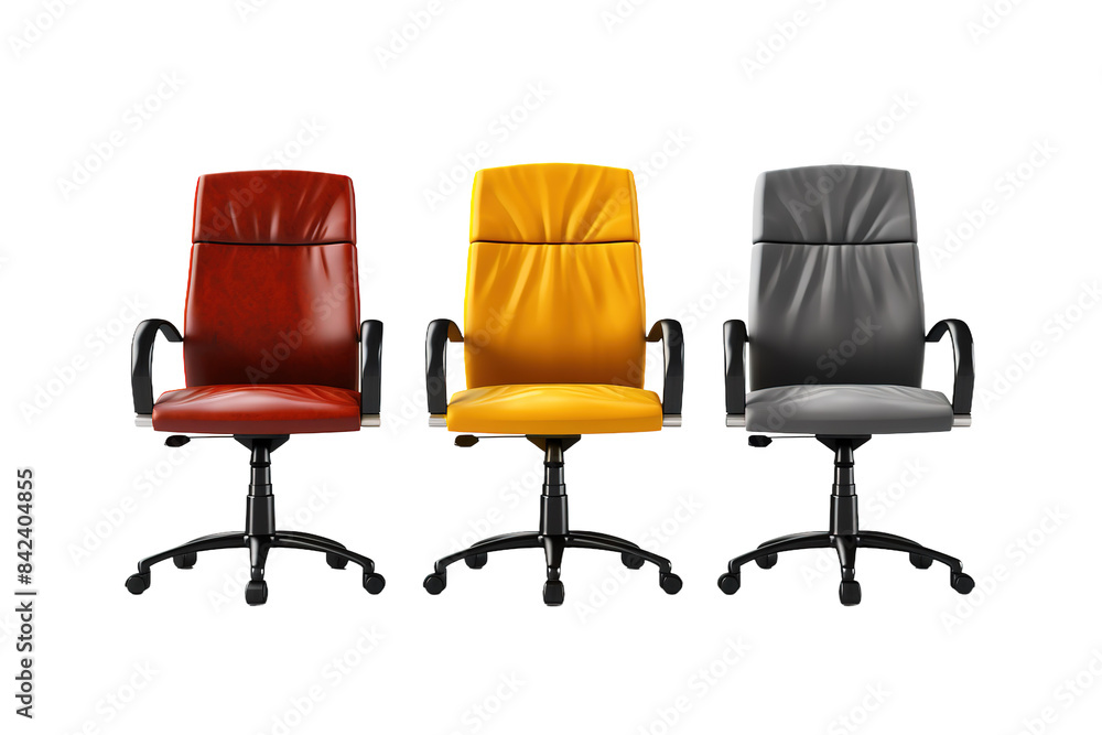 Obraz premium Modern office chairs, red yellow and gray leather swivel task seating, ergonomic workplace furniture trio PNG isolated on Transparent Background
