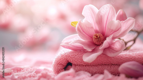 banner close up pink magnolia flower pink spa businese.serene arrangement of pink flowers and magnolia blossoms on a wooden background, evoking springtime beauty and relaxation
