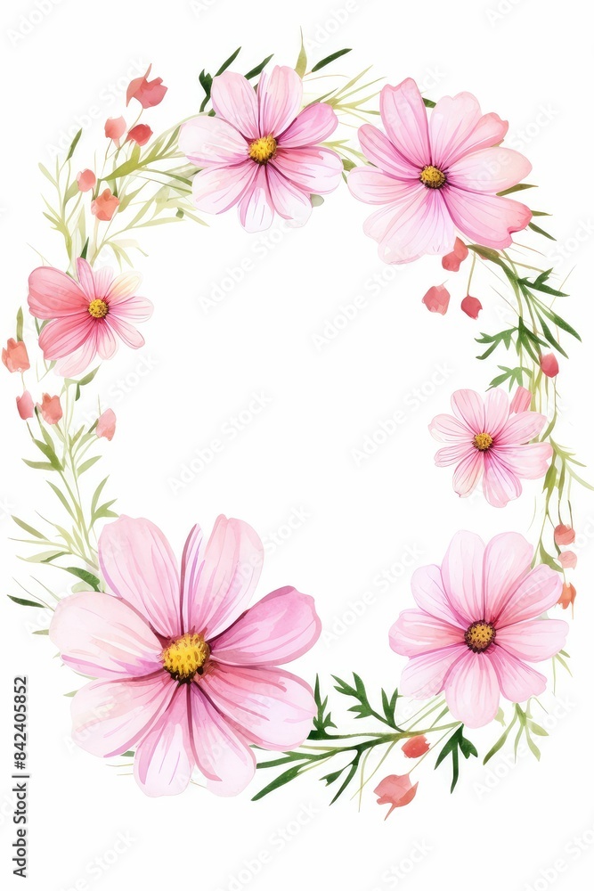 cosmos themed frame or border for photos . delicate pink and white flowers. watercolor illustration, white color background. cosmos themed frame or border for photos . delicate pink and white flowers. watercolor illustration, white color background.