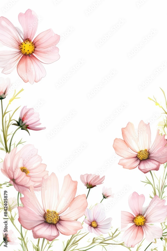 cosmos themed frame or border for photos . delicate pink and white flowers. watercolor illustration, white color background. cosmos themed frame or border for photos . delicate pink and white flowers. watercolor illustration, white color background.