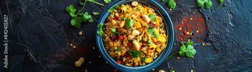 Top view of a serving of poha, featuring flattened rice cooked with spices, garnished with peanuts and fresh coriander