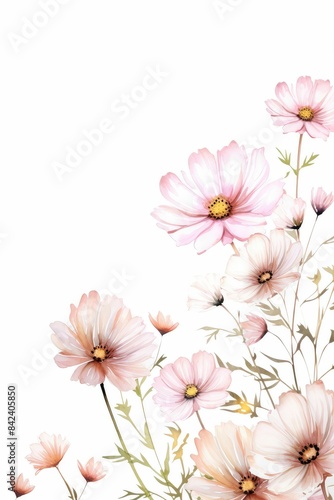 cosmos themed frame or border for photos . delicate pink and white flowers. watercolor illustration   white color background.