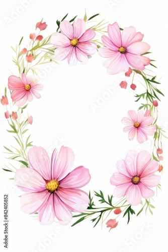 cosmos themed frame or border for photos . delicate pink and white flowers. watercolor illustration,  white color background.