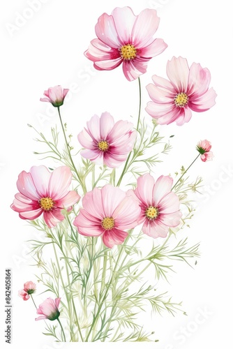 cosmos themed frame or border for photos . delicate pink and white flowers. watercolor illustration   white color background.