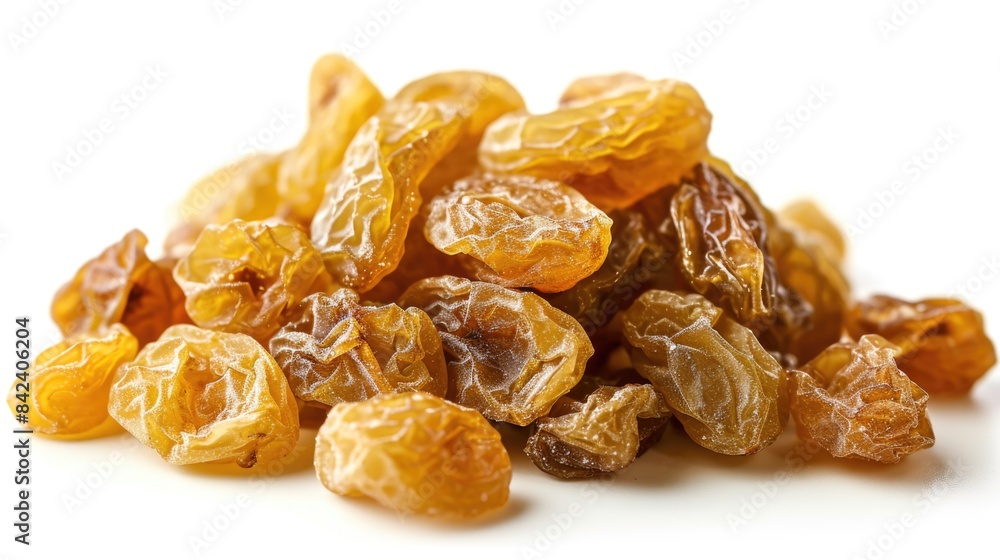 Close-up shot of a stack of dried grapes on a clean, white background Close-up shot of a stack of dried grapes on a clean, white background
