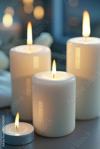 Three white candles sit on top of a table  ready for use