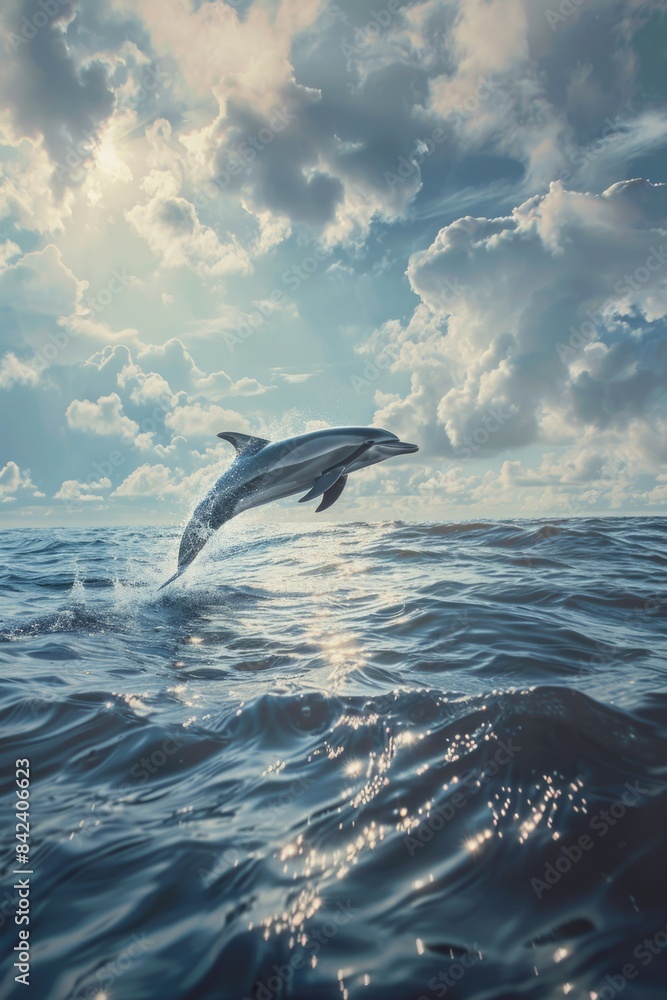 Fototapeta premium Two dolphins leaping from the ocean, with splashes and foam