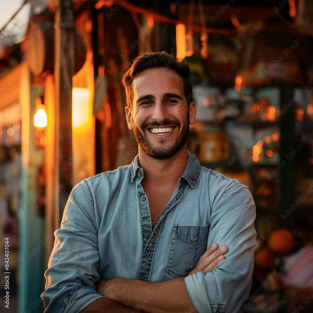 young adult Caucasian Business owner working infront of their shop smiling during sunset young adult Caucasian Business owner working infront of their shop smiling during sunset