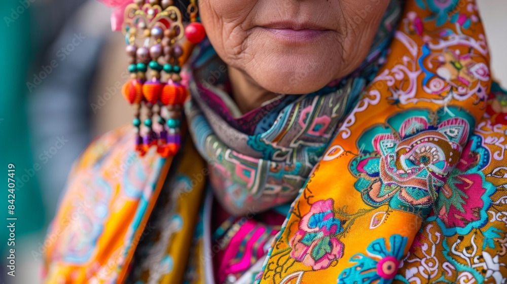 Fototapeta premium Close-up portrait of a woman wearing a colorful traditional headscarf with intricate embroidery and beaded earrings.
