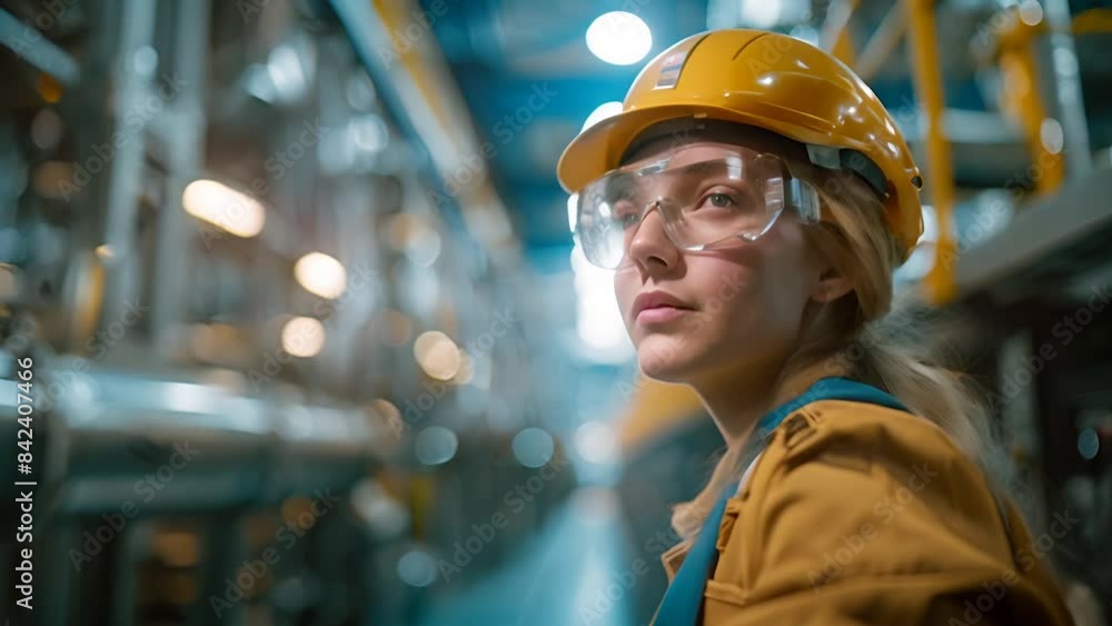 A confident female engineer wearing a hard hat and safety glasses in a high-tech industrial environment A confident female engineer wearing a hard hat and safety glasses in a high-tech industrial environment