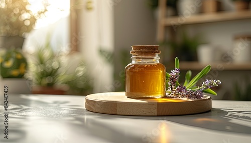 A jar of honey is sitting on a wooden table next to some flowers