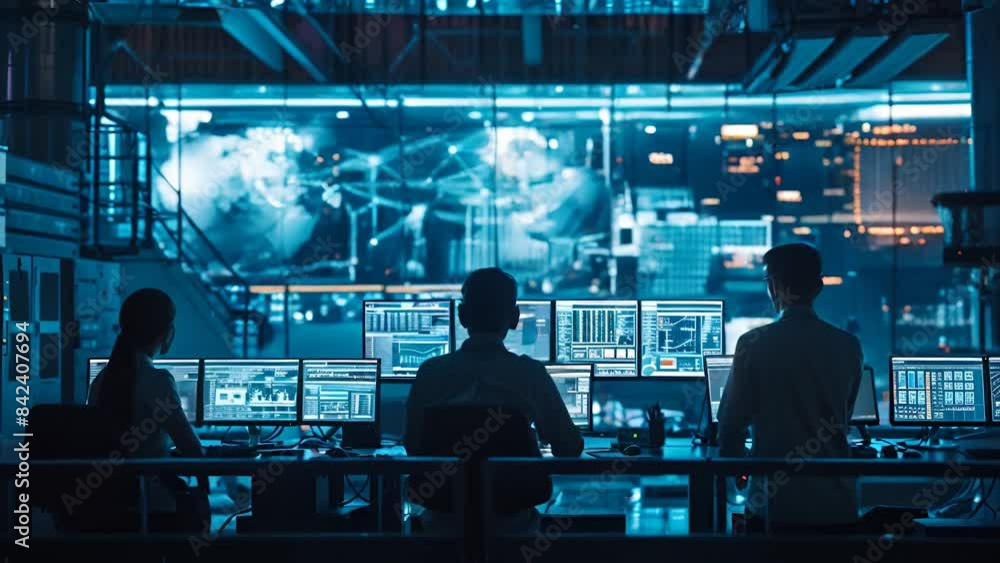 Professionals working in a high-tech control room filled with multiple screens and digital displays, managing complex data systems Professionals working in a high-tech control room filled with multiple screens and digital displays, managing complex data systems