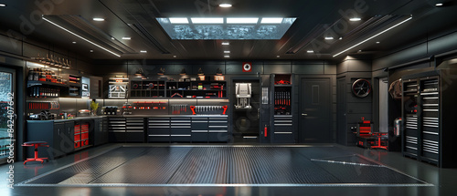 Minimalist luxury garage with organized tools and polished floor