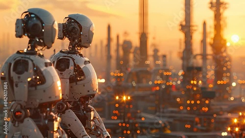 Two humanoid robots stand overlooking an industrial plant at sunset photo