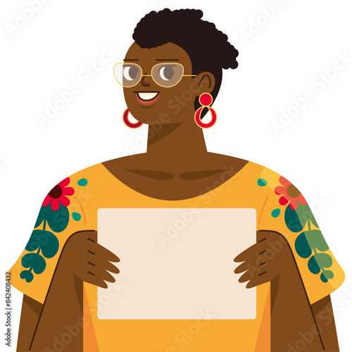 Illustration d'une jeune femme Africaine souriante, aux cheveux courts et noirs, portant des lunettes et une tunique jaune élégante, elle tient dans ses mains une pancarte vide pour y placer du texte.