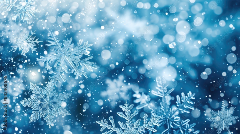 Falling snowflakes against a bright blue background, ideal for winter or cold weather themed projects Falling snowflakes against a bright blue background, ideal for winter or cold weather themed projects