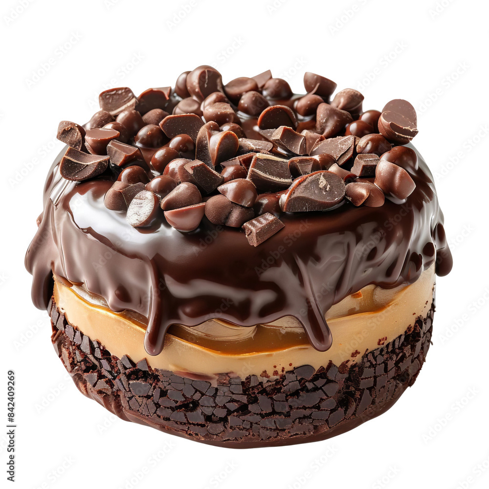 Close-up of a decadent chocolate cake with caramel filling and chocolate chips. Close-up of a decadent chocolate cake with caramel filling and chocolate chips.