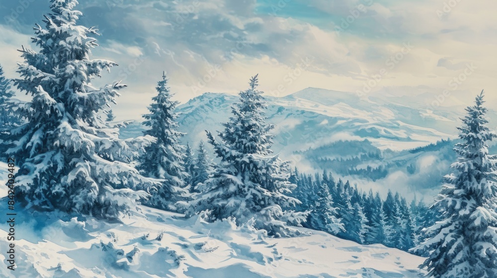 Obraz premium A serene winter landscape featuring a snowy mountain range with towering pine trees