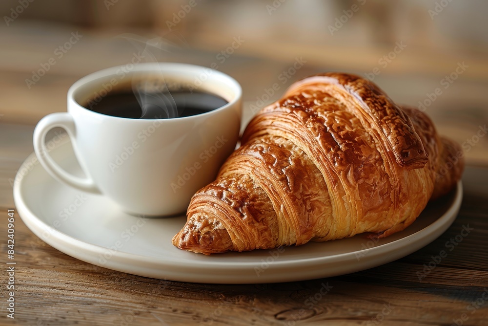 A fresh, golden-brown croissant on a white plate, accompanied by a steaming cup of black coffee in a white cup and saucer. Background: a rustic wooden table. A fresh, golden-brown croissant on a white plate, accompanied by a steaming cup of black coffee in a white cup and saucer. Background: a rustic wooden table.