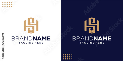 Creative logo of glass and wine bottle and Letter SH for restaurant and wine shop, Design Inspiration, Illustration, Vector
