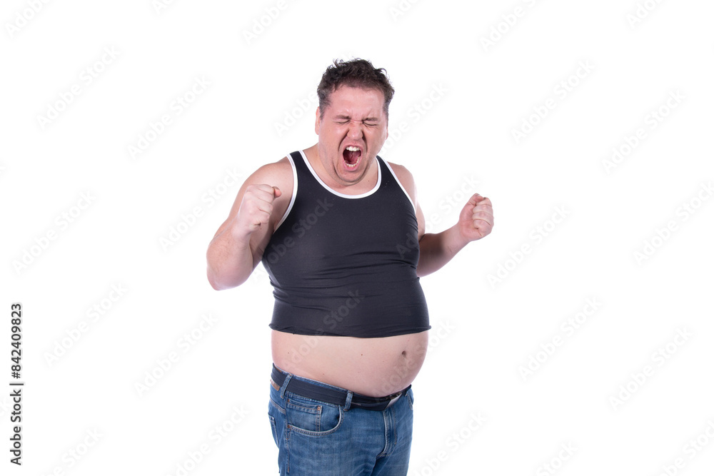 Fitness and healthy lifestyle. Funny fat guy on a diet. White background. Fitness and healthy lifestyle. Funny fat guy on a diet. White background.