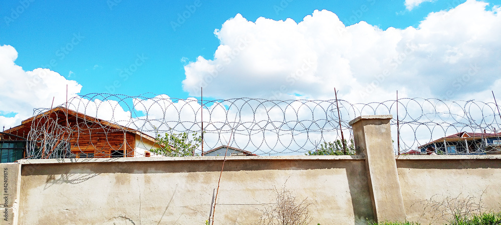 Fototapeta premium Steel barbwire seamless pattern fence. Border from old barbed metal barrier wire