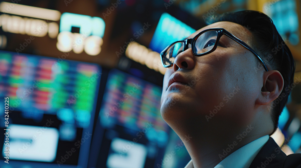 A closeup shot of an Asian man in glasses and suit, with his head tilted upwards as he looks up at the stock trading board on Wall Street.