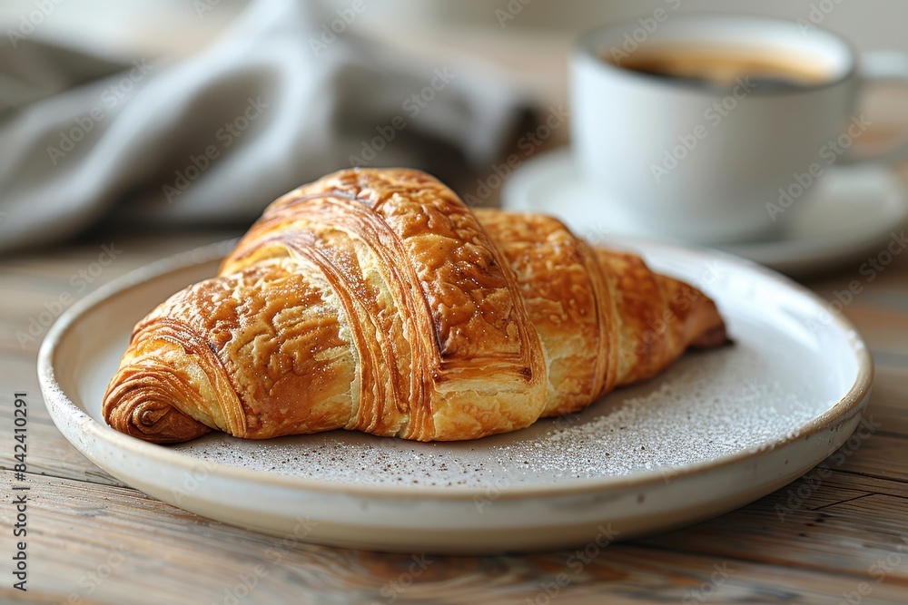 A fresh, golden-brown croissant on a white plate, accompanied by a steaming cup of black coffee in a white cup and saucer. Background: a rustic wooden table. A fresh, golden-brown croissant on a white plate, accompanied by a steaming cup of black coffee in a white cup and saucer. Background: a rustic wooden table.