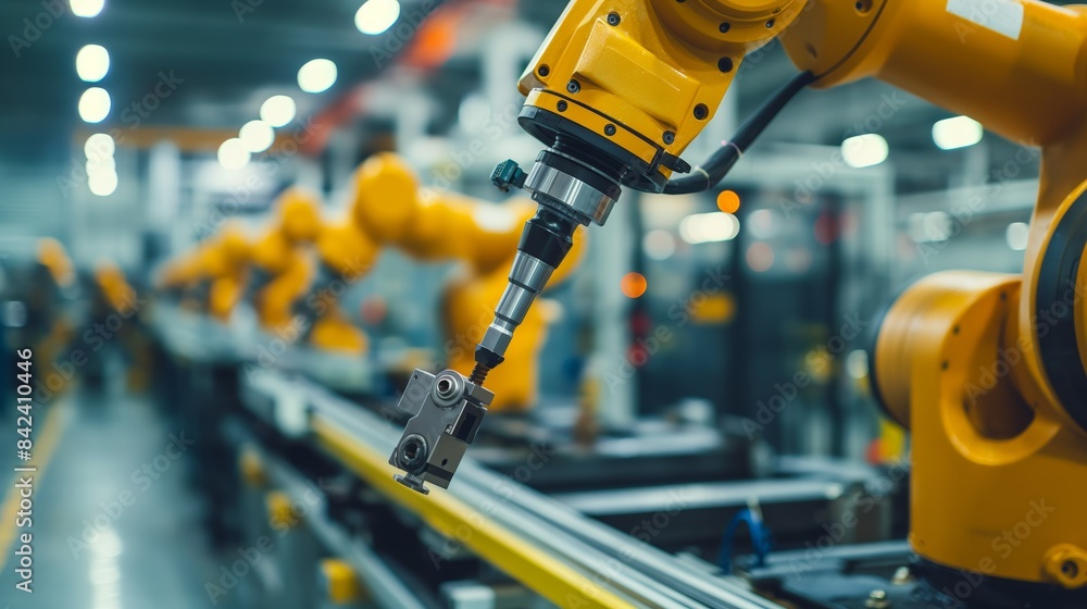 Automated robotic arms engaged in manufacturing on a modern, well-lit production line Automated robotic arms engaged in manufacturing on a modern, well-lit production line