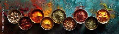 Top view of French seasonings in cups  arranged on a spicefilled table  showcasing vibrant colors and textures