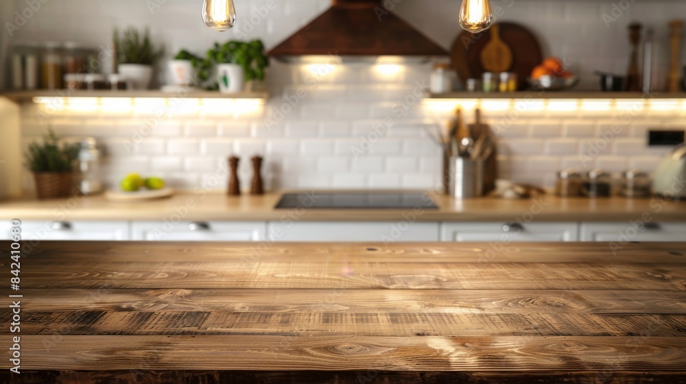 Blurred Kitchen Backdrop with Wooden Table Top, Ideal for Product Montage, Highlighting a Warm and Inviting Setting Blurred Kitchen Backdrop with Wooden Table Top, Ideal for Product Montage, Highlighting a Warm and Inviting Setting