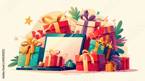 Illustration of modern style cartoon design featuring gifts on a white laptop background 2d