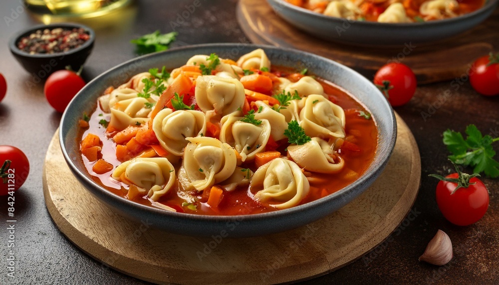 Fresh hot tortellini tomato soup with carrot, onion, tomato and cheese closeup on the plate on the table. Fresh hot tortellini tomato soup with carrot, onion, tomato and cheese closeup on the plate on the table.